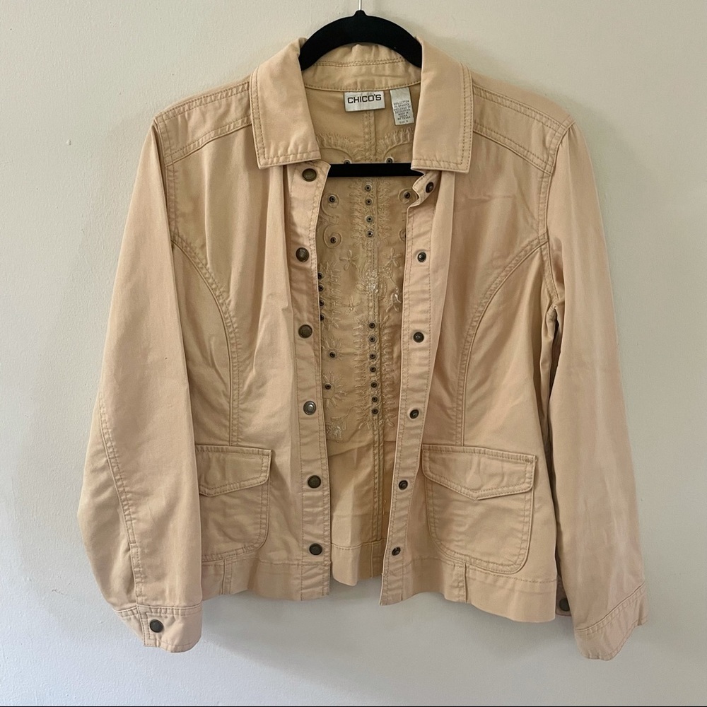 Chico’s Tan Denim Jacket with Embroidery